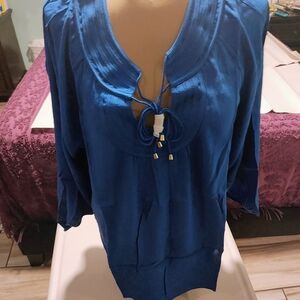 Blue Women's Tie-Front V-Neck Long Sleeve Top